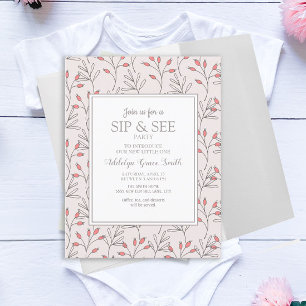 Invitation Fête de naissance Rose Pâle et Feuilles Blanches S