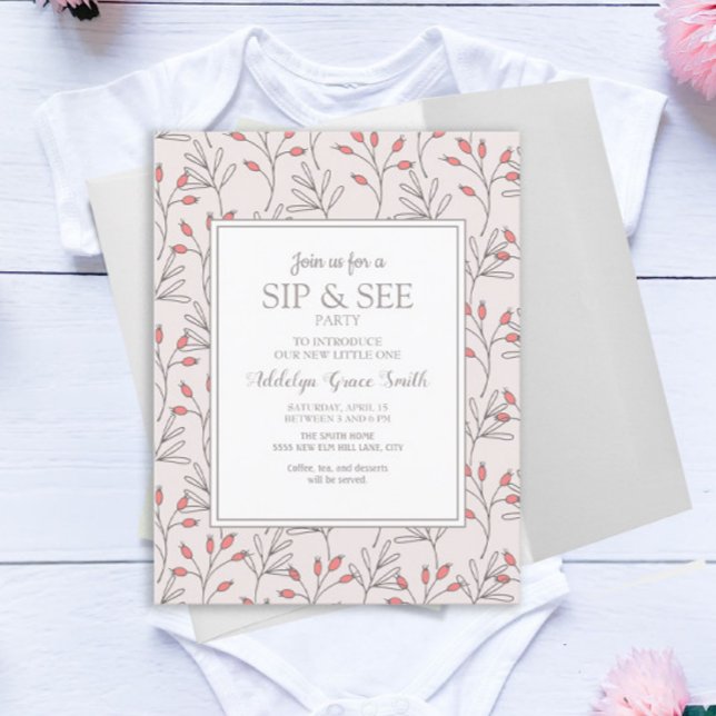 Invitation Fête de naissance Rose Pâle et Feuilles Blanches S (Créateur téléchargé)