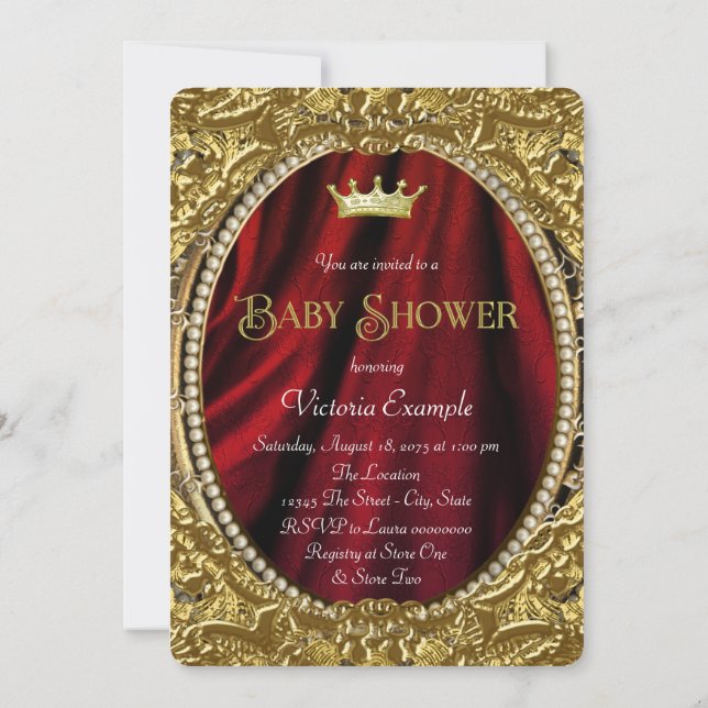 Invitation Fête de naissance royale rouge et or pour prince (Dos)