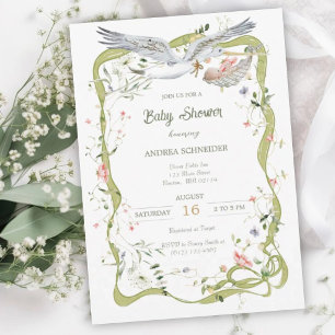 Invitation Fête de naissance Ruban de Fleur Sauvage Cigogne