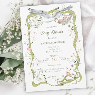 Invitation Fête de naissance Ruban de Fleur Sauvage Cigogne