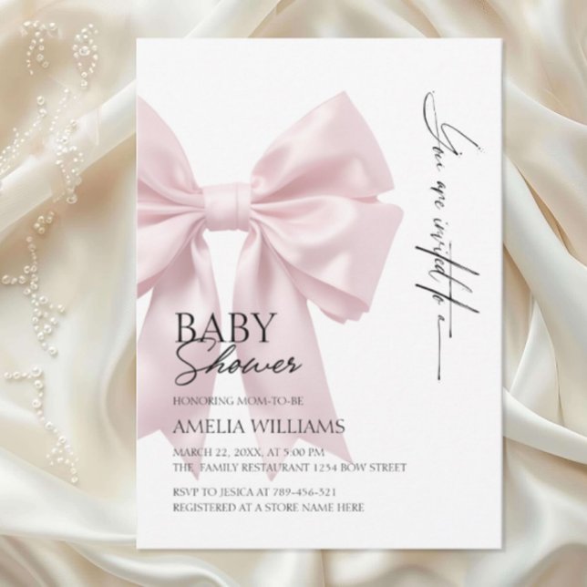 Invitation Fête de Naissance Ruban de Satin Rose Élégant (Créateur téléchargé)