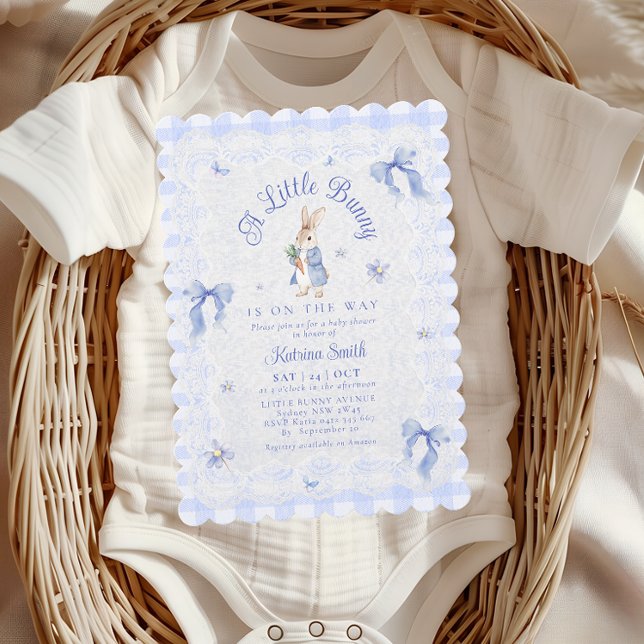 Invitation Fête de naissance ruban en dentelle gingham lapin  (Créateur téléchargé)