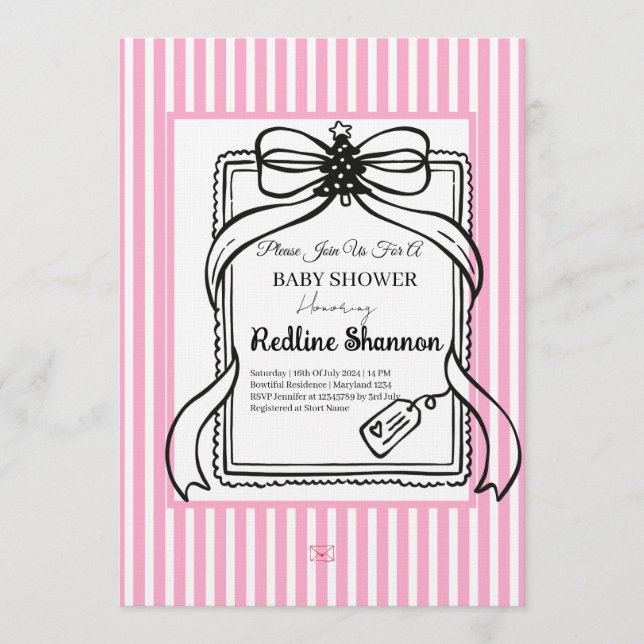 Invitation Fête de Naissance Ruban Rayé Rose Lavande (Devant)