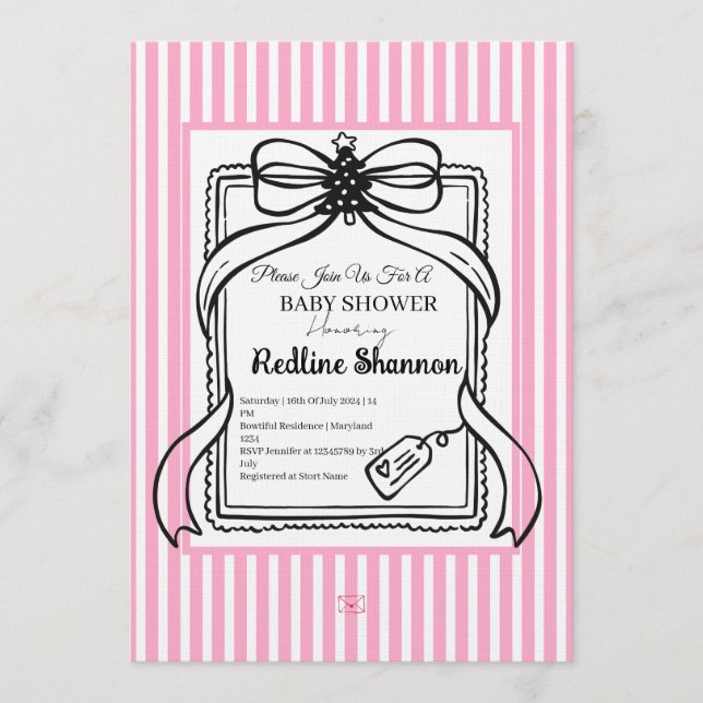 Invitation Fête de Naissance Ruban Rayé Rose Lavande (Devant)