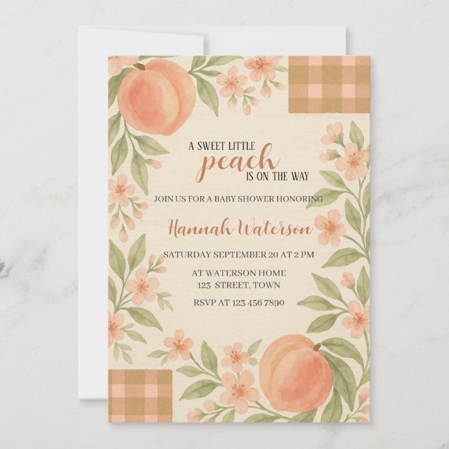 Invitation Fête de Naissance Rustique Douce Petite Pêche  (Devant)