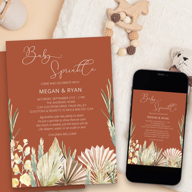 Invitation Fête de naissance rustique terracotta Boho feuilla (Neutral and earthy boho baby sprinkle invitation with dried palms flowers and grass)