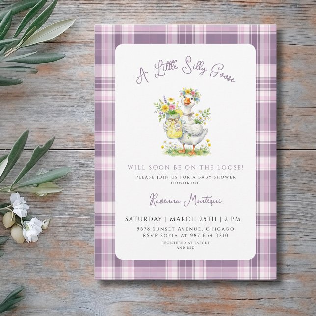 Invitation Fête de Naissance Silly Goose Flower Purple Gingha (Créateur téléchargé)