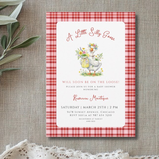 Invitation Fête de Naissance "Silly Goose Flower Red Gingham  (Créateur téléchargé)