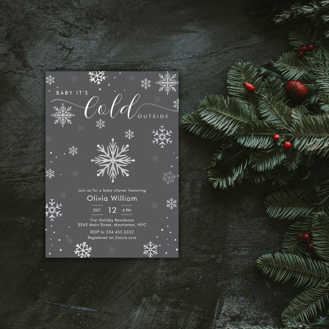 Invitation Fête de naissance Silver Dark Grey Flocon de neige (Silver Dark Grey Winter Snowflake Baby Shower Invitation)