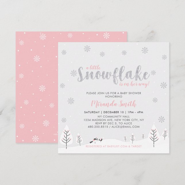 Invitation Fête de naissance Silver & Pink Winter Wonderland  (Devant / Derrière)