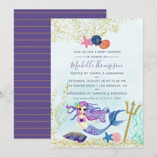 Invitation Fête de naissance sirène aux couleurs tendances (Devant / Derrière)