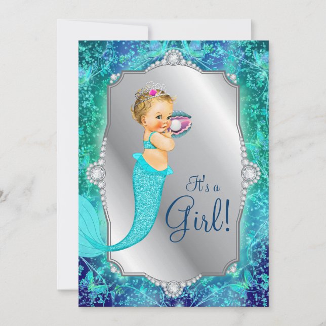 Invitation Fête de Naissance Sirène Bleu Turquoise Argent sou (Devant)