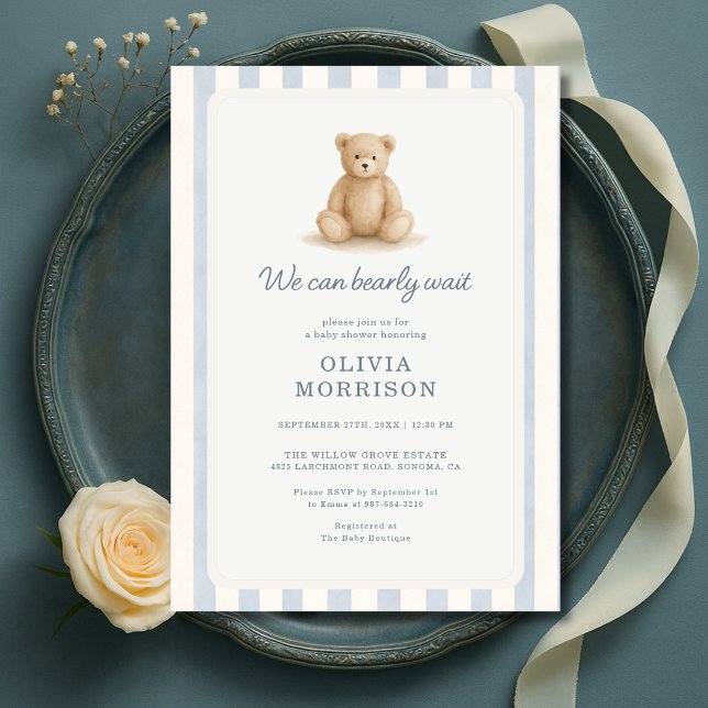 Invitation Fête de naissance Teddy Bear Boy Blue Stripes (Créateur téléchargé)