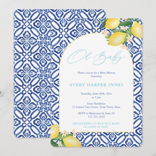 Invitation Fête de Naissance Thème Citrons Capri Bleu Oh Bébé (Devant / Derrière)