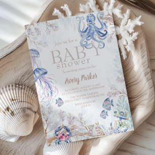 Invitation Fête de naissance thème faune marine côtière aquar