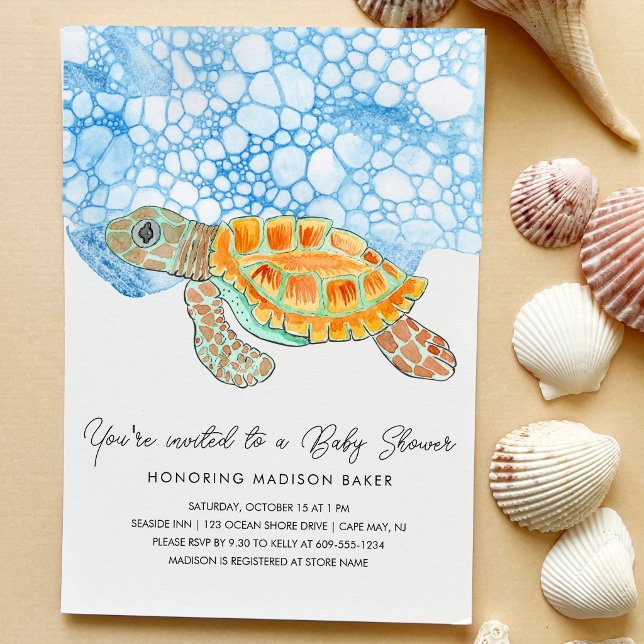Invitation Fête de naissance Tortue Marine Peinte à l'Aquarel (Créateur téléchargé)