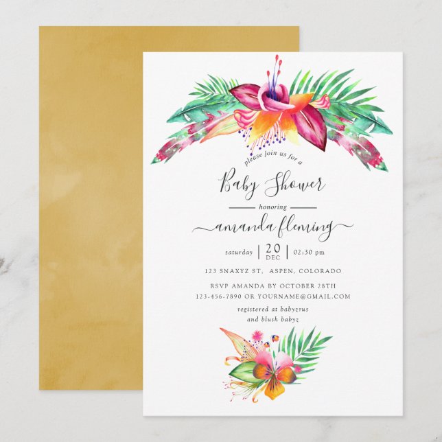 Invitation Fête de naissance tropicale d'été à l'aquarelle (Devant / Derrière)