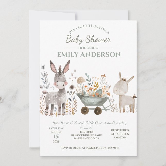 Invitation Fête de naissance unisexe Bébé Ânes | (Devant)