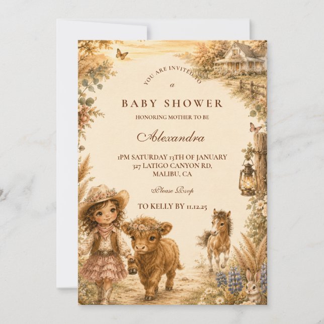 Invitation Fête de naissance Western Boho pour fille (Devant)