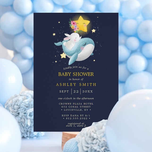 Invitation Fête de Naissance Whale and Bunny Navy Stars (Créateur téléchargé)