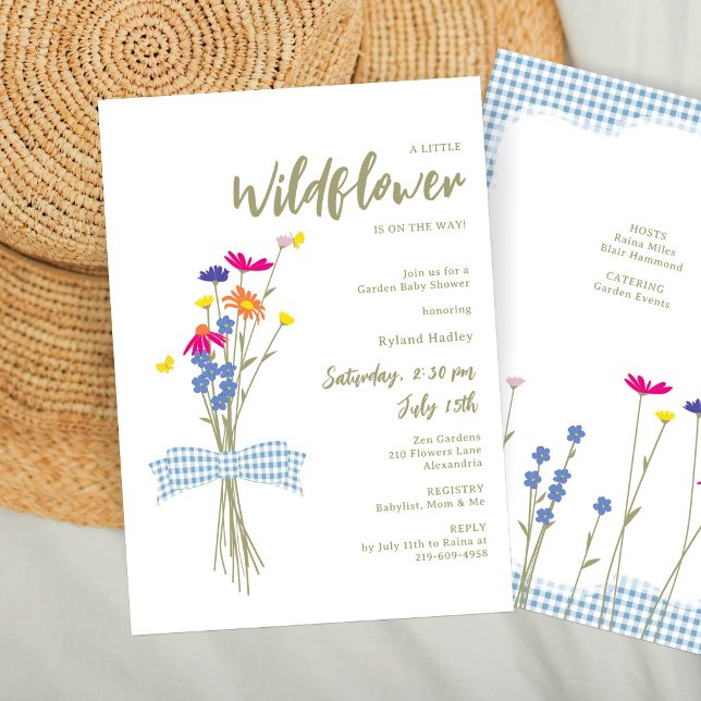 Invitation Fête de naissance Wildflowers Bébé | Ruban Gingham (Créateur téléchargé)