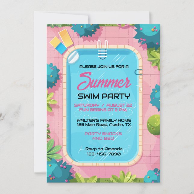 Invitation Fête de natation colorée d'été (Devant)