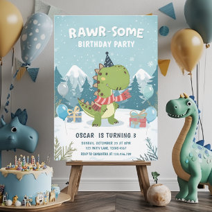 Invitation Fête de neige préhistorique RAWR avec un T-Rex en 