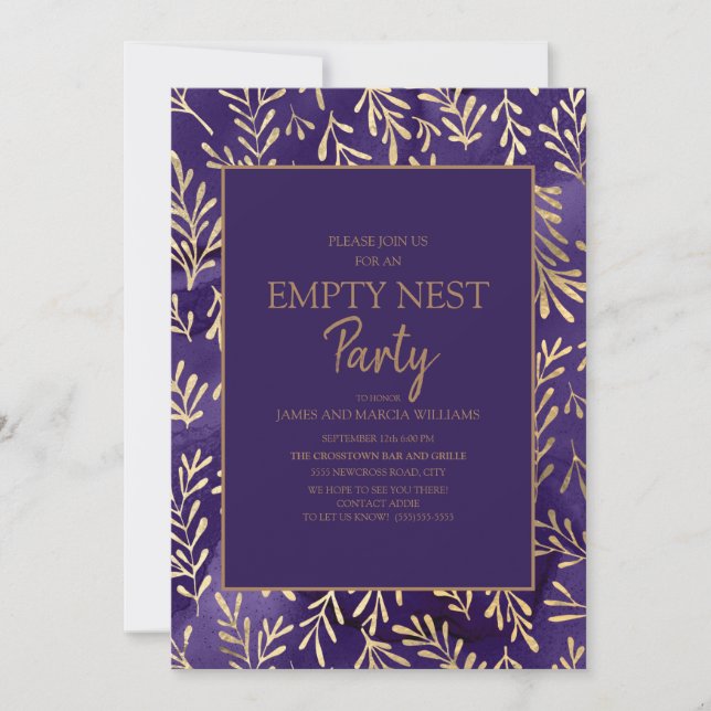 Invitation Fête de nid vide aux feuilles de gold violettes él (Devant)