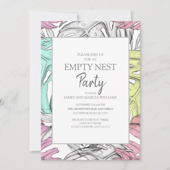 Invitation Fête de nid vide feuille tropicale gris sarcelle r (Devant)