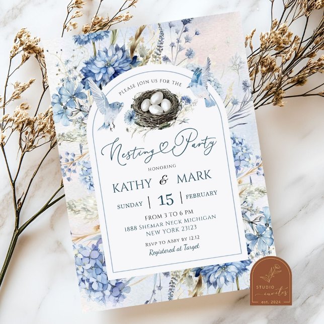 Invitation Fête de nidification d'oiseaux à l'hortensia bleu (Créateur téléchargé)