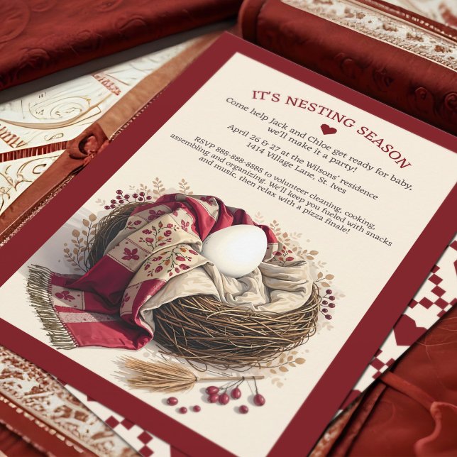 Invitation Fête de nidification Whimsical Cosy Warm Nest Oeuf (Nesting party alternative baby shower invitation, gender neutral cozy egg in bird's nest natural red)
