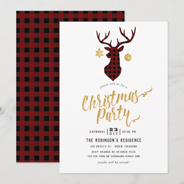 Invitation Fête de Noël à carreaux de Buffalo (Devant / Derrière)