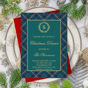Invitation Fête de Noël à carreaux monogramme classique vert