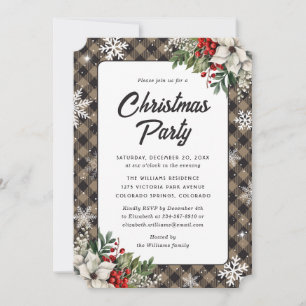 Invitation Fête de Noël à carreaux Poinsettia et baies de hou