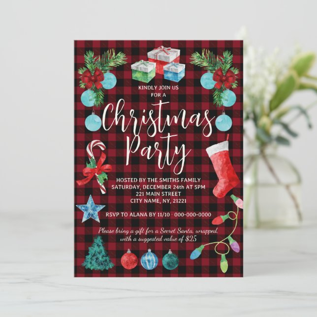 Invitation Fête de Noël à carreaux rouges (Debout devant)