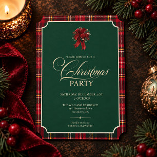 Invitation Fête de Noël à carreaux tartan rouge foncé vert
