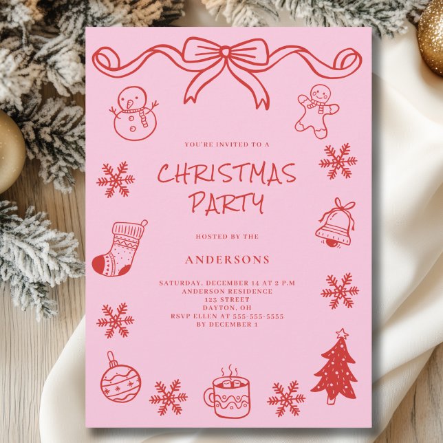 Invitation Fête de Noël à la main rouge griffée (Créateur téléchargé)