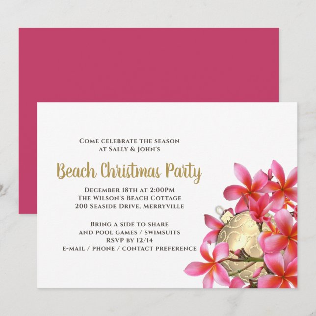 Invitation Fête de Noël à la plage de Plumeria rose (Devant / Derrière)