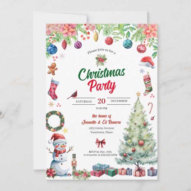 Invitation Fête de Noël à l'aquarelle (Devant)