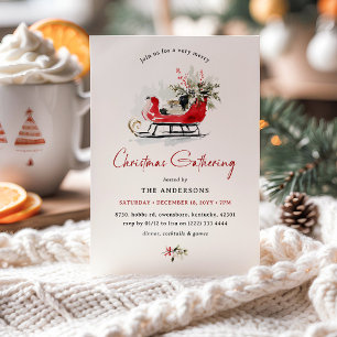 Invitation Fête de Noël à l'aquarelle avec traîneau rouge vin