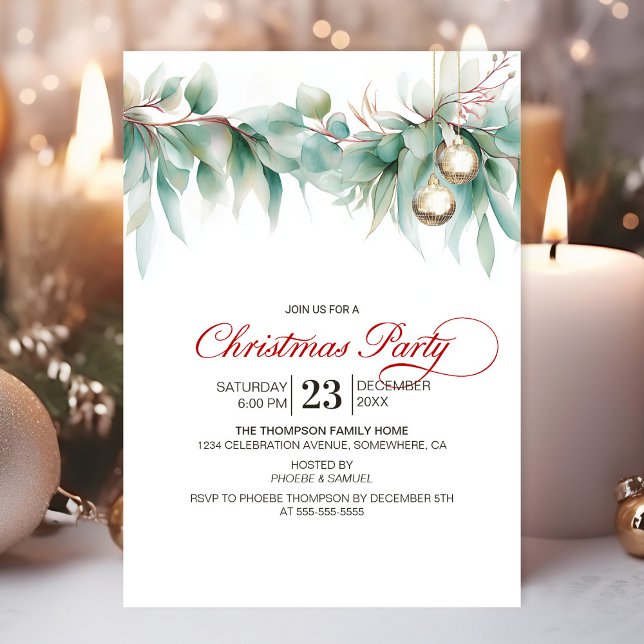 Invitation Fête de Noël à l'aquarelle avec verdure (Créateur téléchargé)