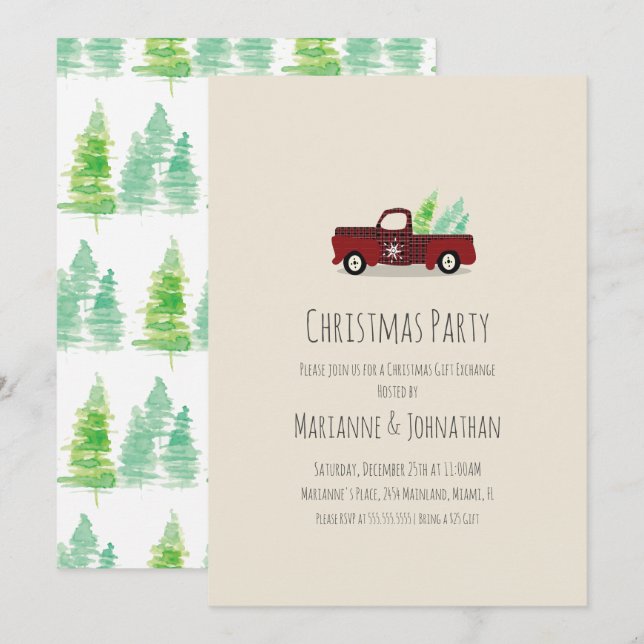 Invitation Fête de Noël à l'aquarelle Camion à carreaux rusti (Devant / Derrière)