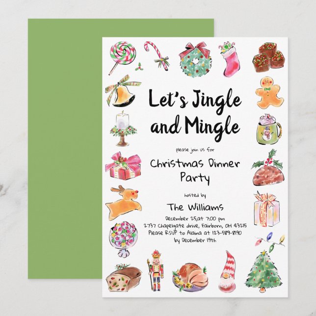 Invitation Fête de Noël à l'aquarelle dessinée à la main  (Devant / Derrière)