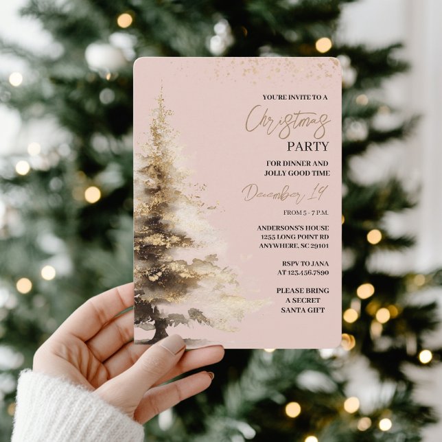 Invitation Fête de Noël à l'aquarelle rose et or (Créateur téléchargé)