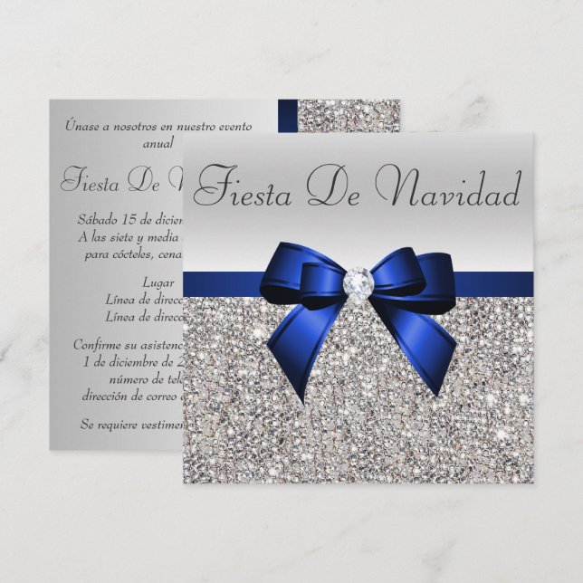 Invitation Fête de Noël à paillettes argentées Nœud diamant b (Devant / Derrière)