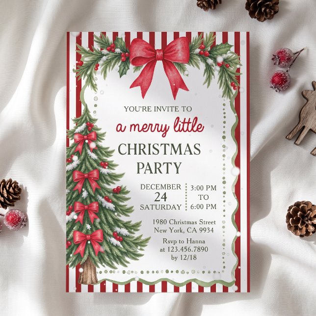 Invitation Fête de Noël à ruban rouge rayé (Créateur téléchargé)