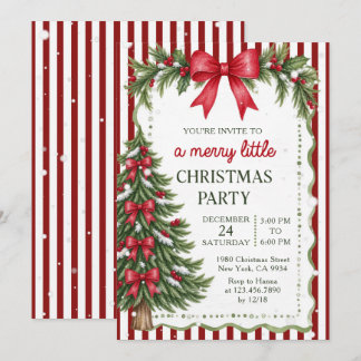 Invitation Fête de Noël à ruban rouge rayé