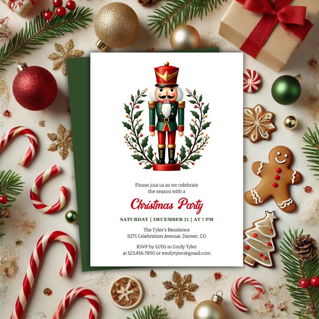 Invitation Fête de Noël à thème classique de Noisette rouge (Classic Red, White and Green Nutcracker Themed Christmas Party Invitation)