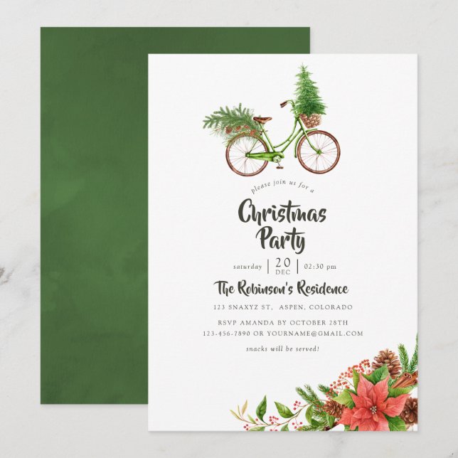 Invitation Fête de Noël à vélo floral aquarelle (Devant / Derrière)